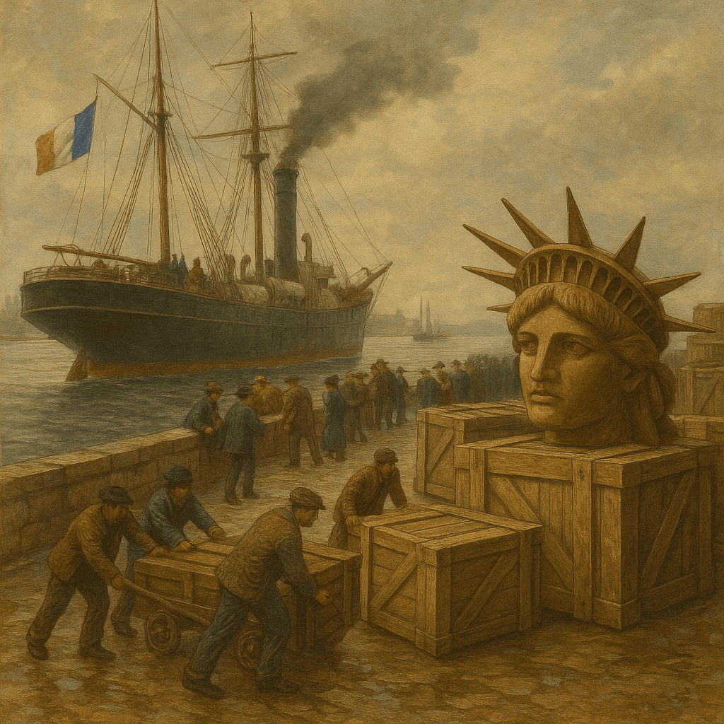 Workers carefully unpacking and organizing the components of the Statue of Liberty